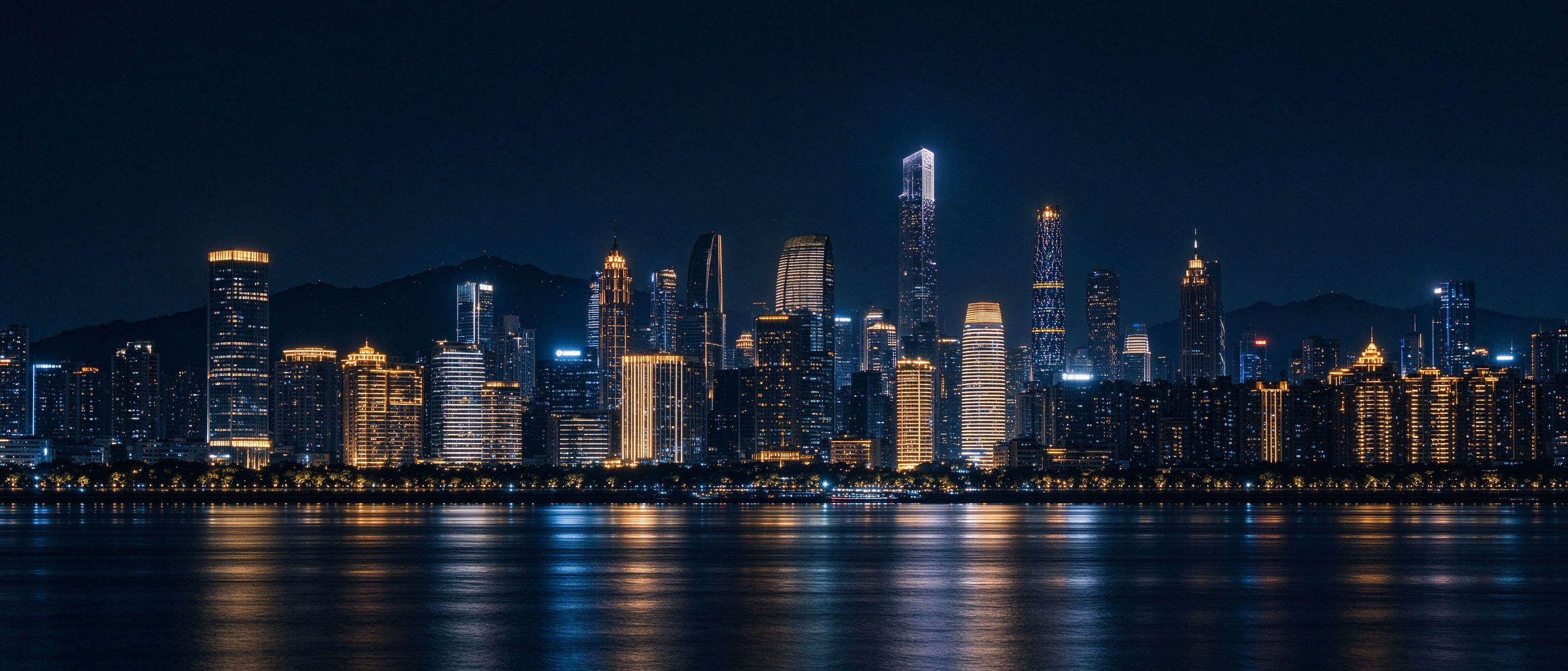 城市天际线夜景，象征全局出行规划视野